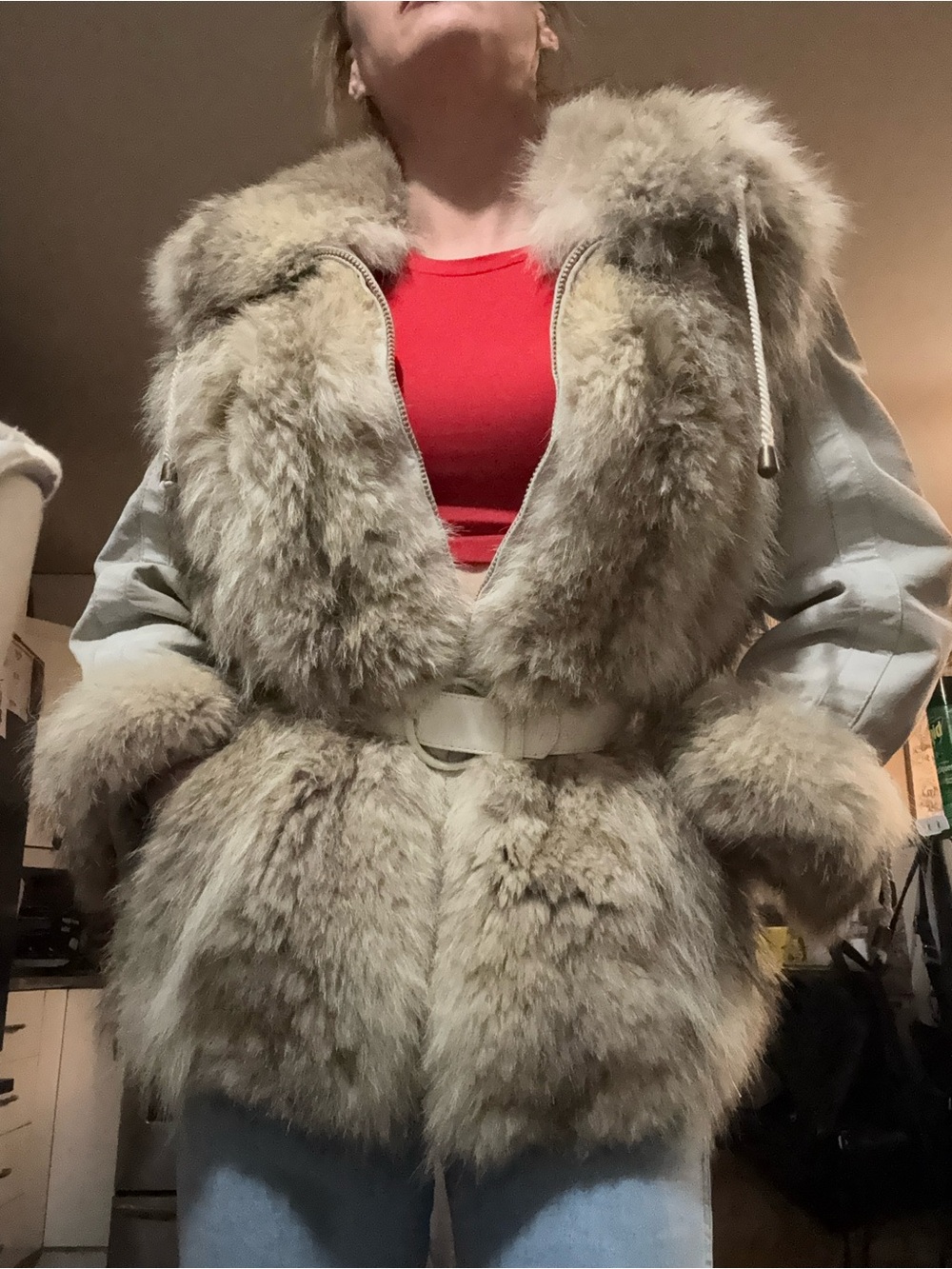 Real Fur Trim Hooded Parka with seude contrast arms. Beige Coat.